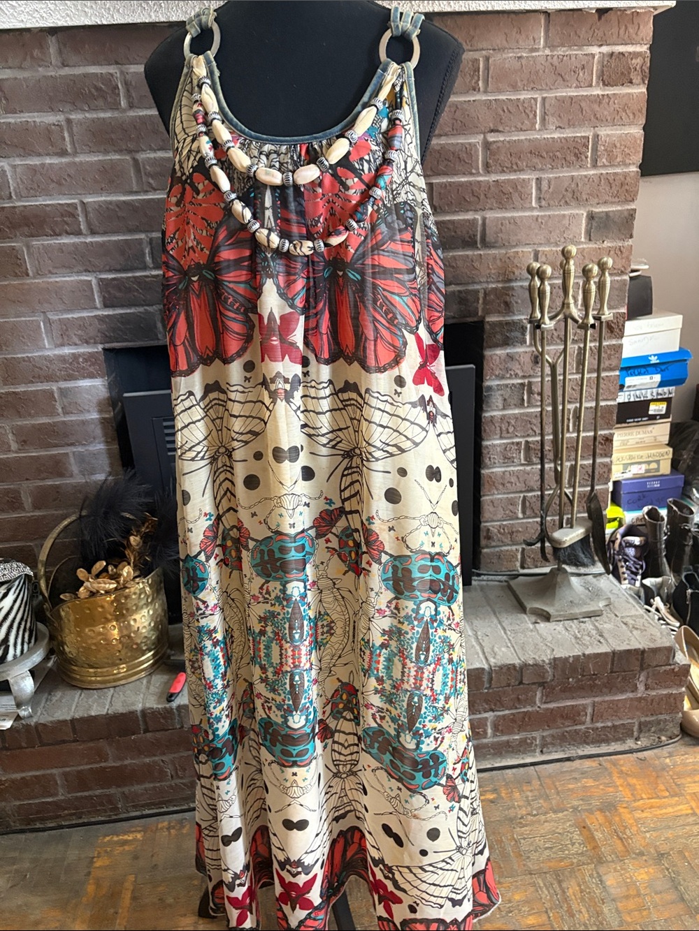 Sleeveless Printed Maxi Dress in Cream with Red & Teal Accents